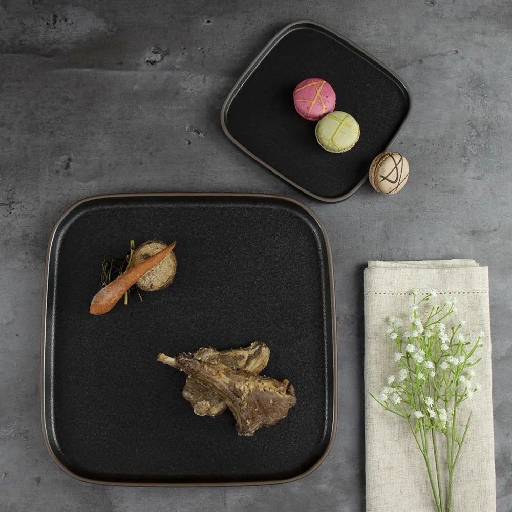 Оптовая продажа, черная керамическая тарелка, роскошная керамическая квадратная тарелка для ресторана, керамическая посуда, набор столовой посуды, тарелки для кейтеринга