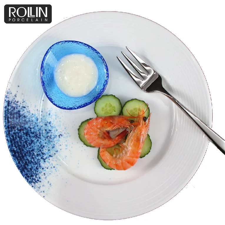 Бело-синяя банкетная посуда, обеденная тарелка, скандинавская посуда для еды и морепродуктов, столовая посуда для ресторана, фарфоровая обеденная тарелка для ресторана