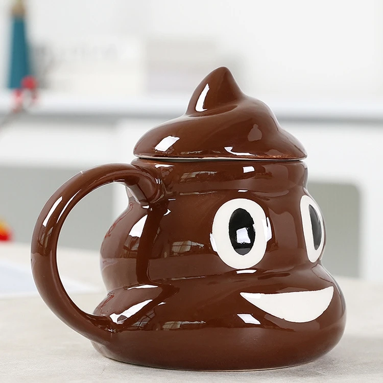 Hot Selling 3D Cartoon Ceramic Mug Funny Creative Poo Shaped Coffee Cup With Lid