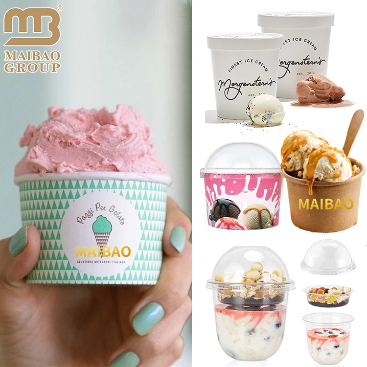Напечатанный на заказ 4 унции 6 унций 8 унций биоразлагаемый бумажный контейнер для замороженного йогурта, одноразовая мягкая чашка для мороженого с мороженым и крышкой