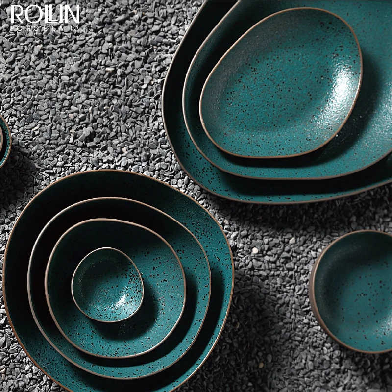 Chaozhou керамическая зеленая посуда в деревенском стиле, фарфоровые тарелки, тарелки, набор столовой посуды, керамическая посуда, обеденный набор, принадлежности для отелей