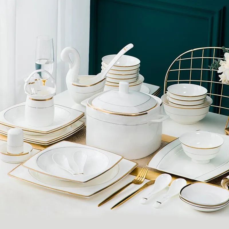 60 Piece European Ceramics Bone China Plates Dinnerware Luxury Tableware Set