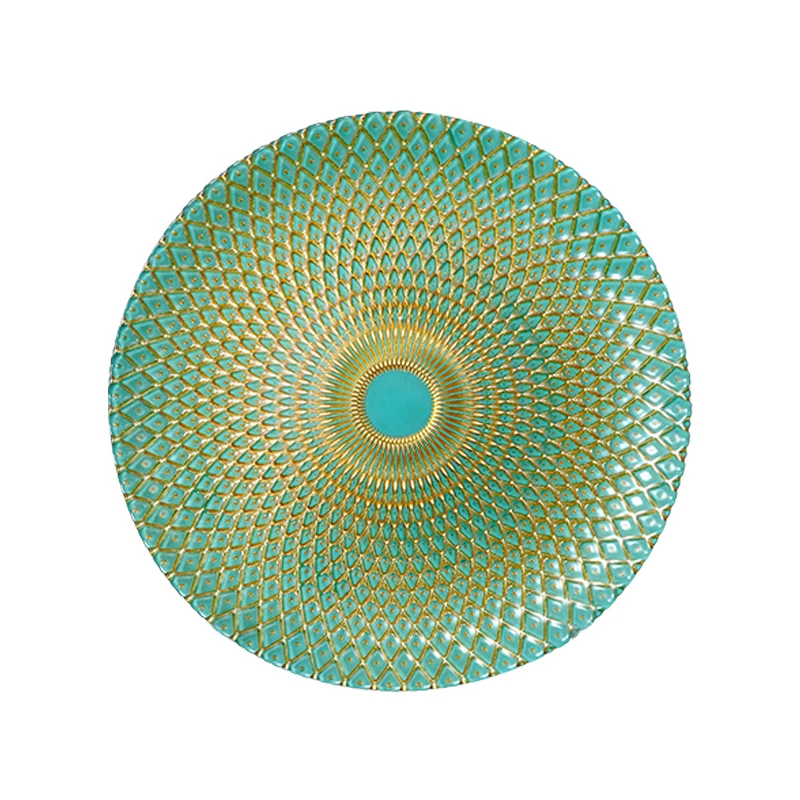 Золотое стекло круглой формы, оптовая продажа, изысканный шведский стол, свадебное зарядное устройство, позолоченные ювелирные изделия, обеденные тарелки