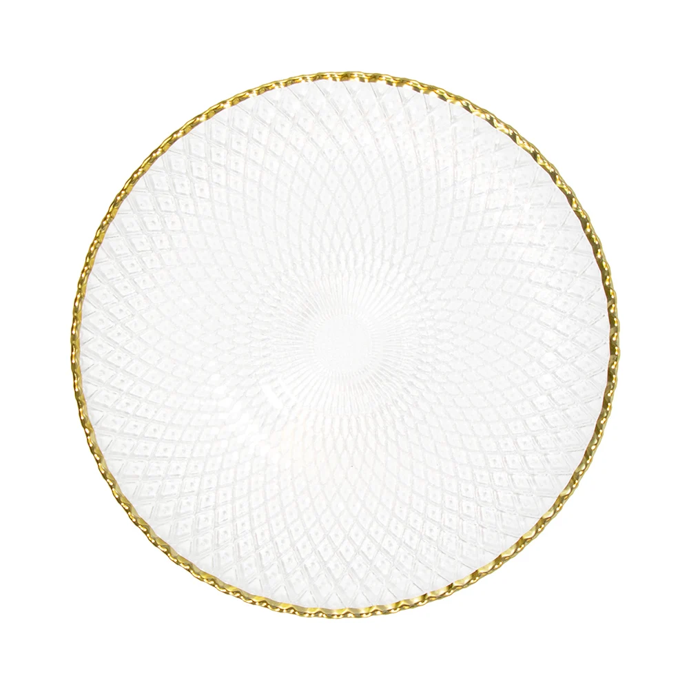 Оптовые зарядные тарелки Романтическая прозрачная золотая посуда из бисера 13-дюймовые стеклянные зарядные тарелки для свадьбы