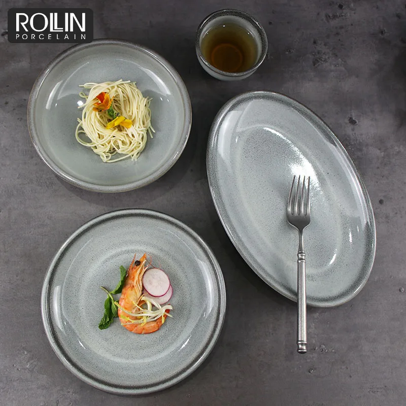 Домашний декор, фарфоровые керамические тарелки по индивидуальному заказу, гостиничные принадлежности, тарелки с принтом, посуда с логотипом, ресторан, каменные серые обеденные тарелки