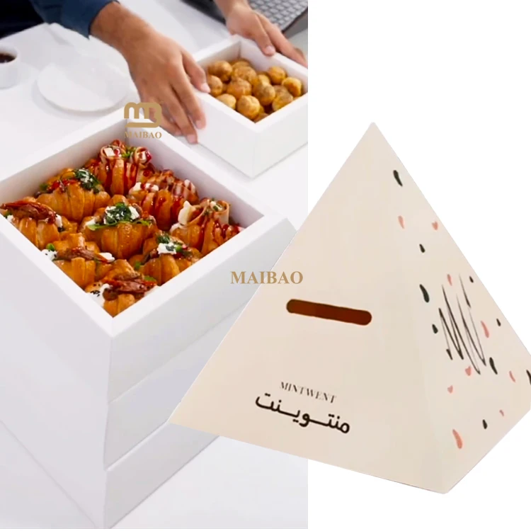 Изготовленная на заказ коробка для торта в форме пирамиды, которую можно сложить и упаковать, коробка для еды, лакомства, пирамидальная коробка для выпаса, пирамидальная коробка из крафт-блюда для еды