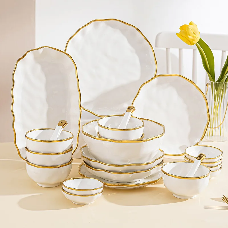 Luxury White Porcelain Ceramic Dinnerware Set Modern Round Includes Bowls and Plates for Home Dinner and Soup Use