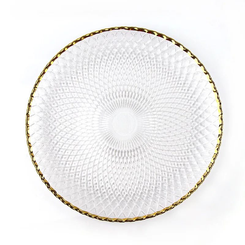 Стеклянная зарядная тарелка с золотой оправой, свадебное украшение, посуда, стеклянная зарядная тарелка с цветочным рисунком, роскошная посуда, посуда для ресторана