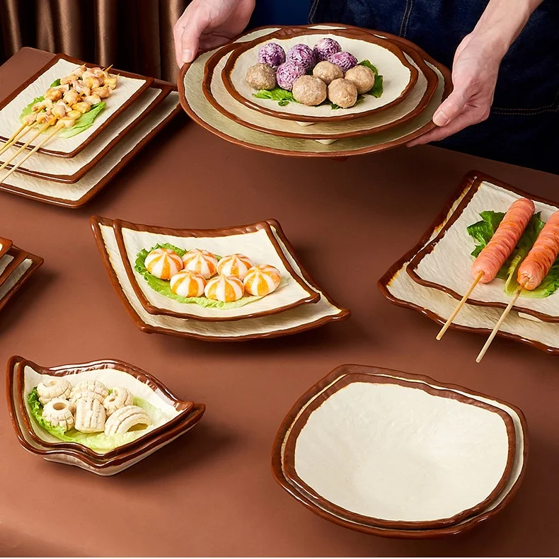 Прочные бежевые меламиновые тарелки с квадратным и круглым обеденным набором с коричневым краем для оптовой продажи меламиновой посуды