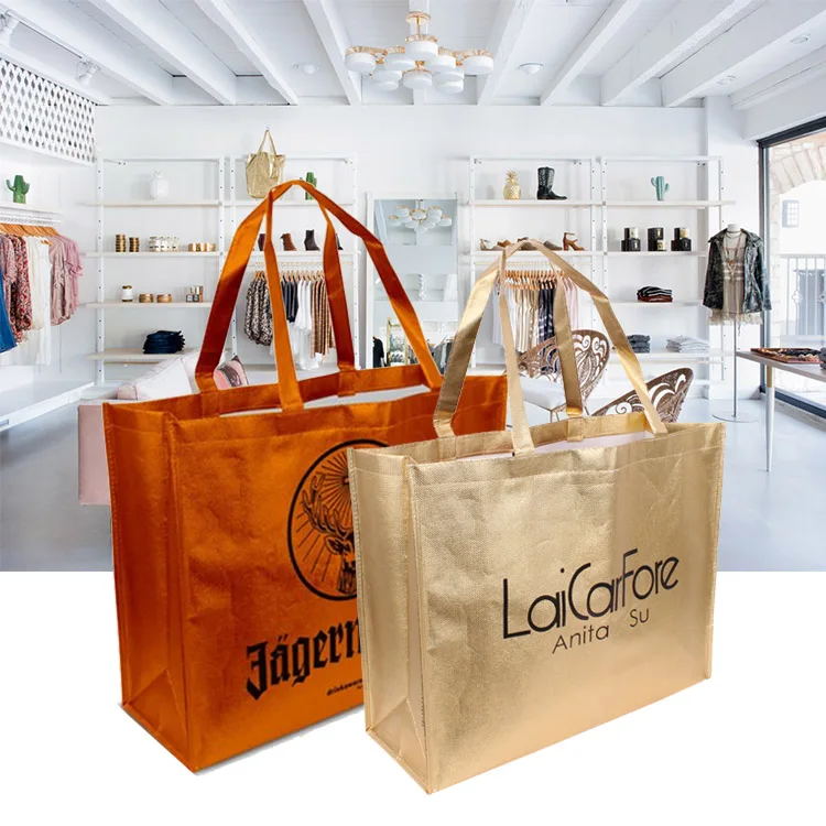 Устойчивая переработанная лазерная блестящая глянцевая металлическая фольга, нетканая сумка для покупок, многоразовая сумка для покупок, нетканая сумка для магазина Rpet