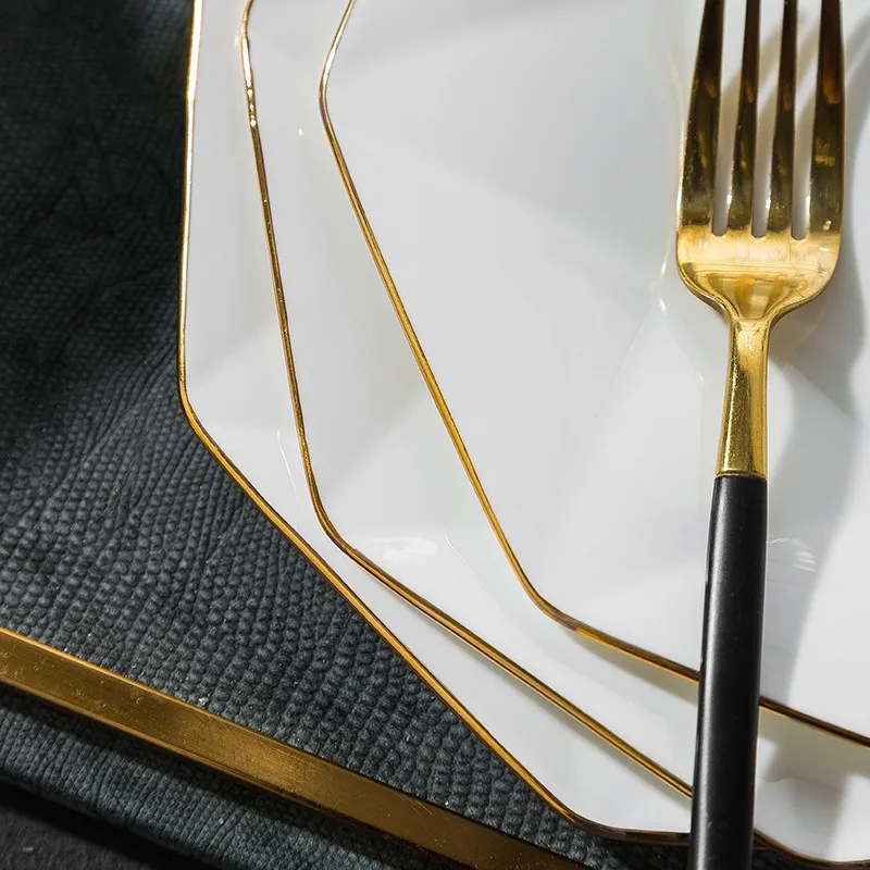 Свадебные белые тарелки Brett Catering с золотой оправой, фарфоровая посуда с шестигранной формой неправильной формы, наборы керамических обеденных тарелок