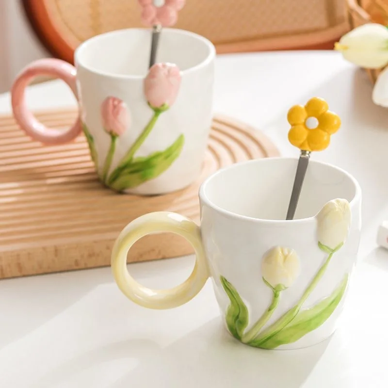 Creative INS Wind Mug 3D Tulip Pattern Household Milk Cup 500ml High Capacity Juice Cup
