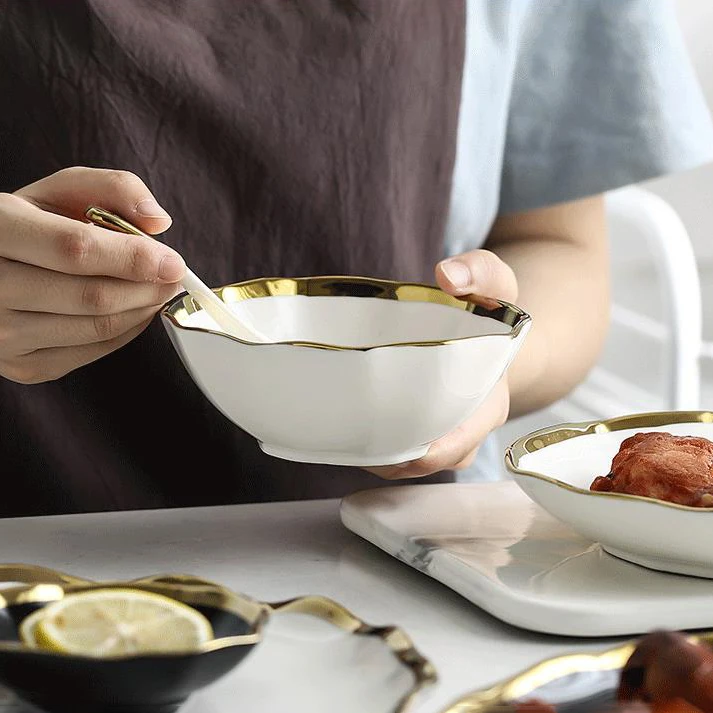 Spanish Italian Gilt Edged Ruffles Western Food Steak Plate Salad Ceramic Bowl Plate Nordic Style Luxury Tableware Sets