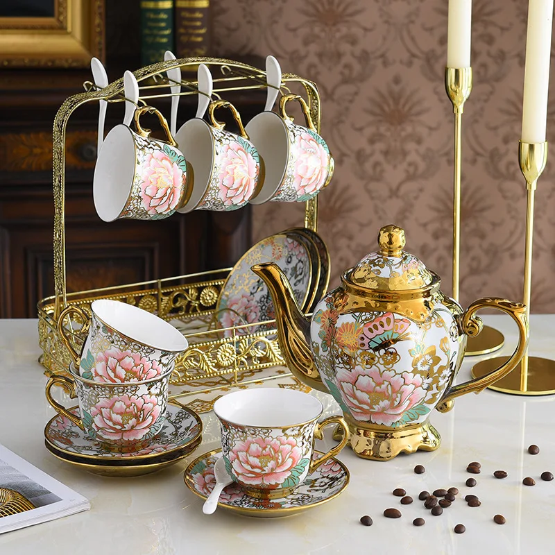 Luxury Gold-Plated European Coffee Cup Set Creative Flower Tea Ceramics for British Living Room Retro Home Decor