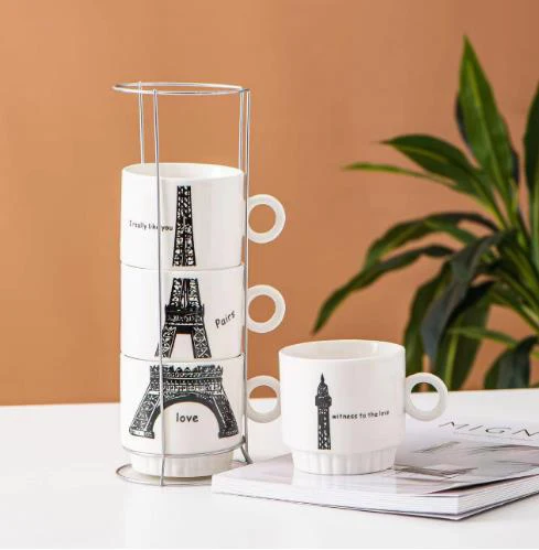 4 Pieces Nordic Give Away White Ceramic Gift Coffee Cup Set  of 4 Stacking Mug Set