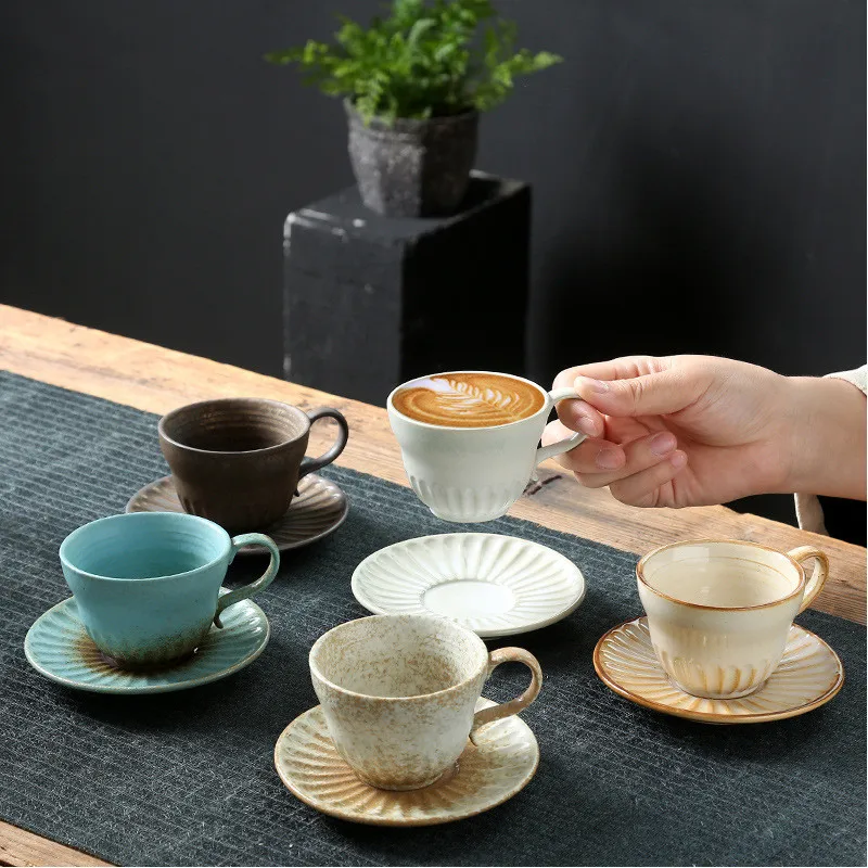 Retro 120ml Reactive Glaze Ceramic Espresso Cups Kiln Changing Glaze Afternoon Coffee Cup and Saucer Set