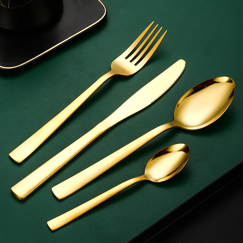 4-Piece Stainless Steel Square Handle Steak Knife Fork Coffee Spoon Set with Gold Finish for Parties Hotels Western Tableware