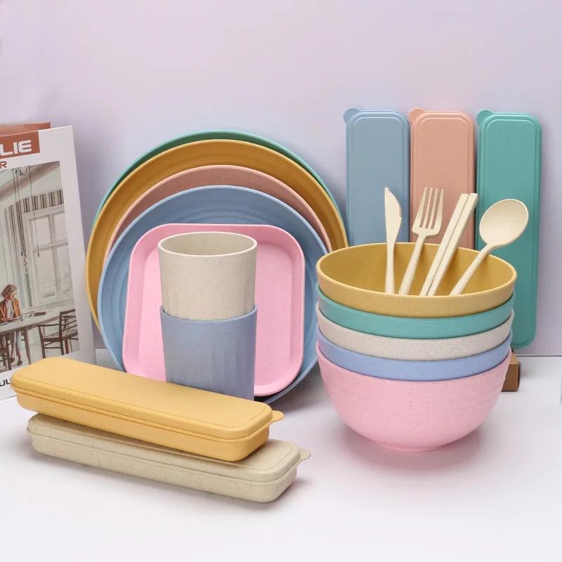 Набор посуды из пшеничной соломы, тарелки, миски, чашки, вилка, нож, ложка для пикника на открытом воздухе, свадьба