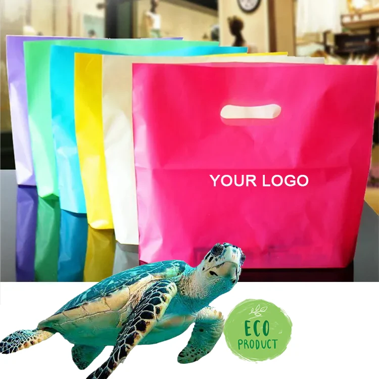 Экологичная биоразлагаемая розничная упаковка для одежды PLA D2W с принтом на заказ розовая фиолетовая пластиковая сумка с вырезанной ручкой