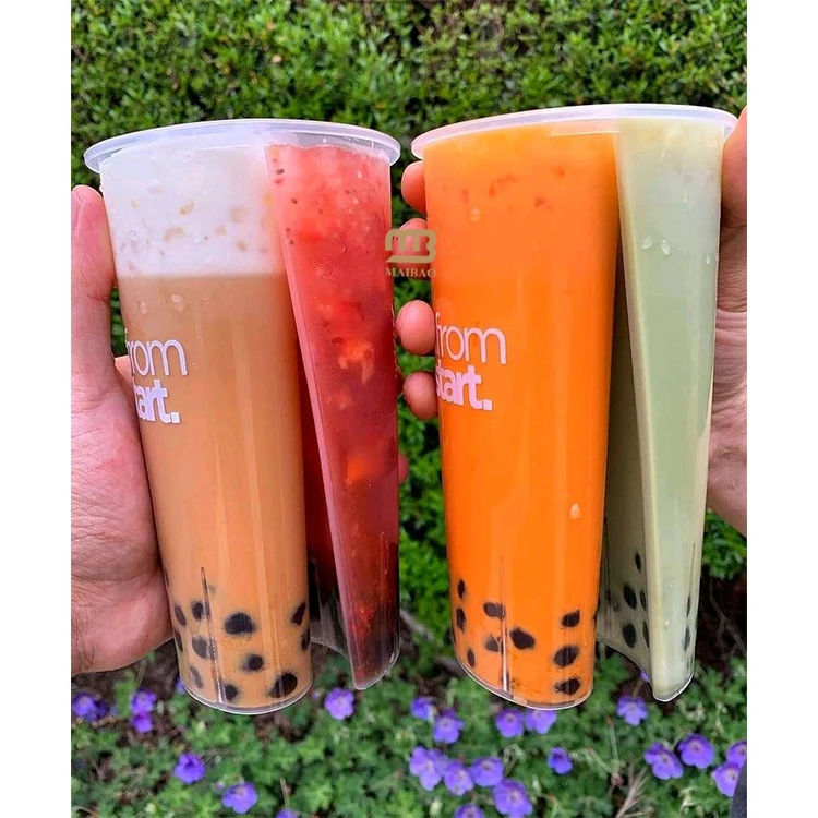 16 унций 24 унции 700 мл Чай Боба Двойные разделенные пластиковые стаканчики с крышкой ПП ПЭТ Разделенная чашка Пузырьковый чай Пластиковые стаканчики для сока с двойным отделением