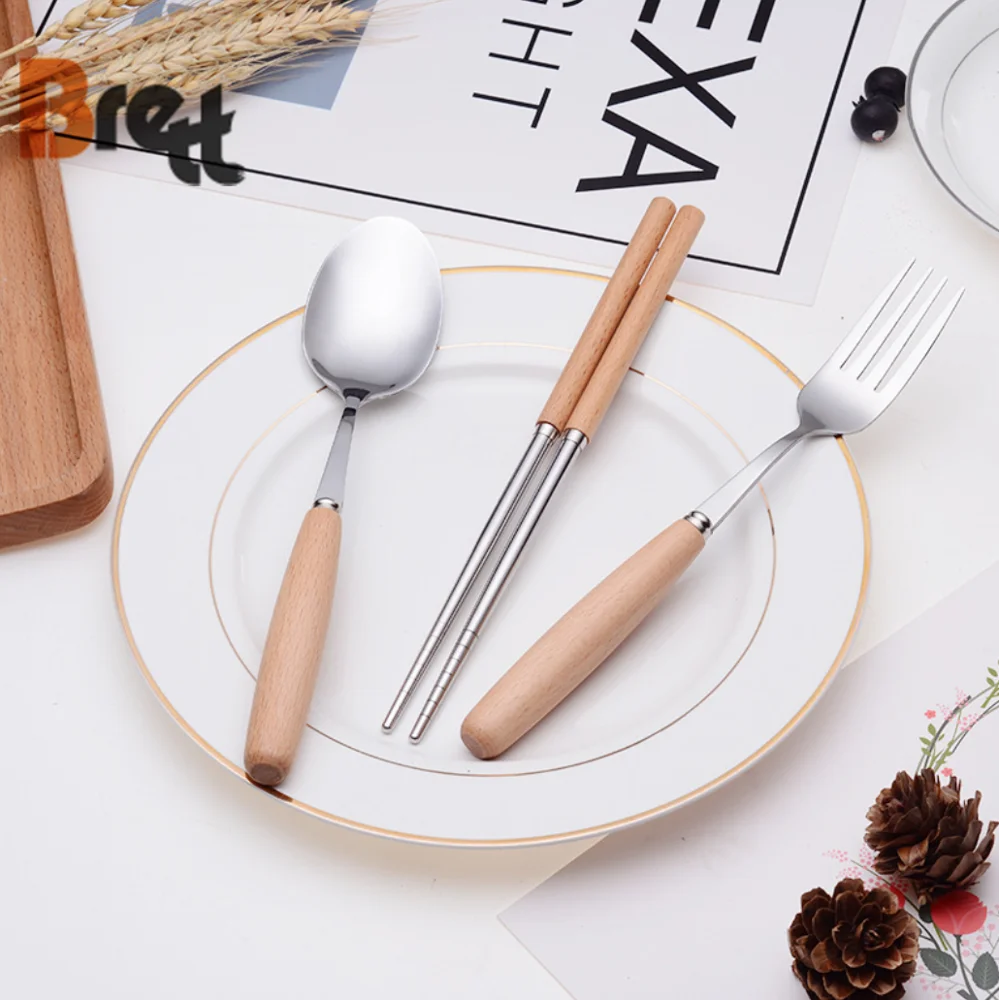 Детская посуда, портативная, 3 шт., столовые приборы из нержавеющей стали с деревянной ручкой, детский набор столовых приборов, ложка для супа, вилка, палочки для еды