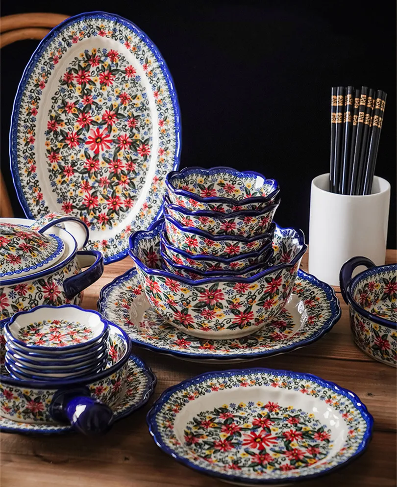 Retro Bohemian Daisy Floral Under Glazed Dim Sum Plates and Bowls Set Ceramic Porcelain Salad Bowl Baking Pan Dinner Set