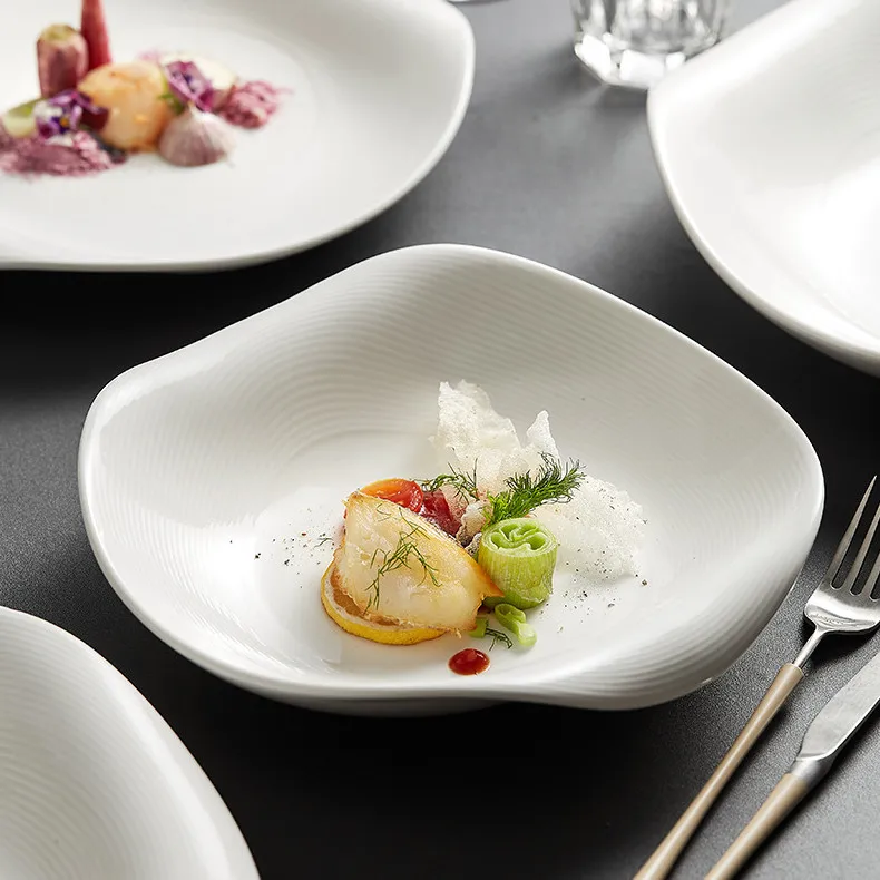 Fancy Irregular Wave Deep Soup Dish Ceramic White Dinner Plate Pasta Steak Dessert Plates for Restaurant
