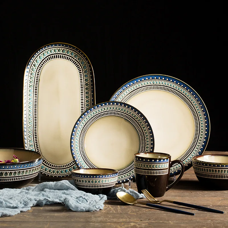 Nordic Emboss Pattern Ceramic Tableware Set Creative Eco-Friendly Dish for Pasta Soup Large Bowl Fish Plate for Household Use