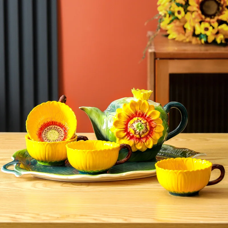 New Selling Relief Sunflower Underglaze Colour Ceramic Coffee Cup Set Pastoral Style 6 Piece Afternoon Tea Set