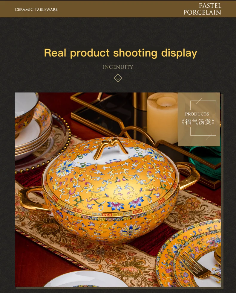 Customized Rich Man Top Quality 80 Pcs High Quality Palace Style Enamel Bone Porcelain Bowl and Dish Luxury Dinnerware Set