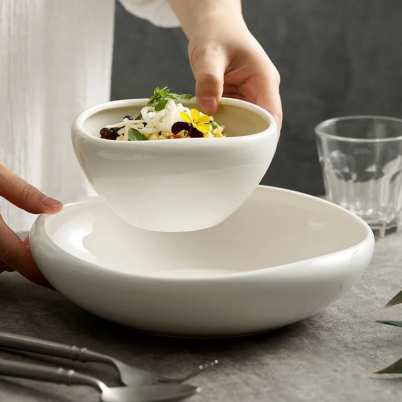 White Ceramic Tableware Restaurants Large Size Creative Deep Porcelain Soup Salad Bowls Personable Dishes Plates Commercial Use