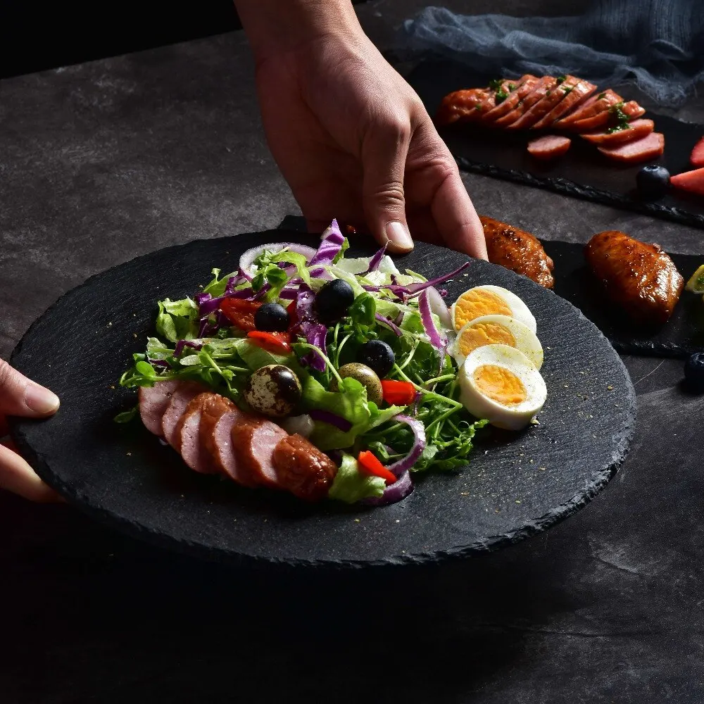 Круглые сланцевые каменные тарелки для ресторана, суши, каменный поднос, оптовая продажа, обеденная тарелка, черная сервировочная посуда для кейтеринга, ресторана, отеля
