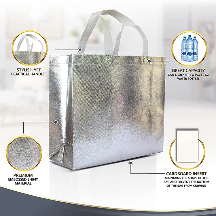 Напечатанная на заказ экологически чистая продуктовая многоразовая сумка для супермаркета, подлежащая вторичной переработке, серебряная ламинированная ткань из полипропилена, нетканая сумка для покупок