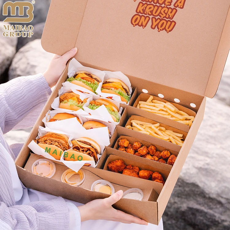 Раскладушка с принтом на заказ, коробки для гамбургеров, картофель фри, упаковка для фаст-фуда, одноразовая крафт-бумага, коробка для жареной курицы на вынос