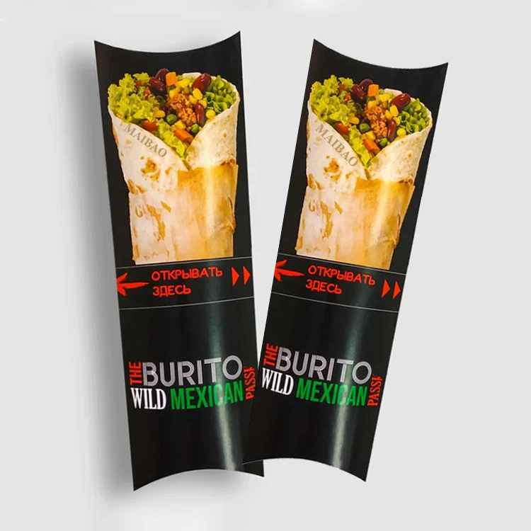 Одноразовая коробка для куриных рулетов с индивидуальным логотипом, бумажная упаковка для буррито, упаковочная коробка, рулонная бумажная коробка в форме подушки для шаурмы