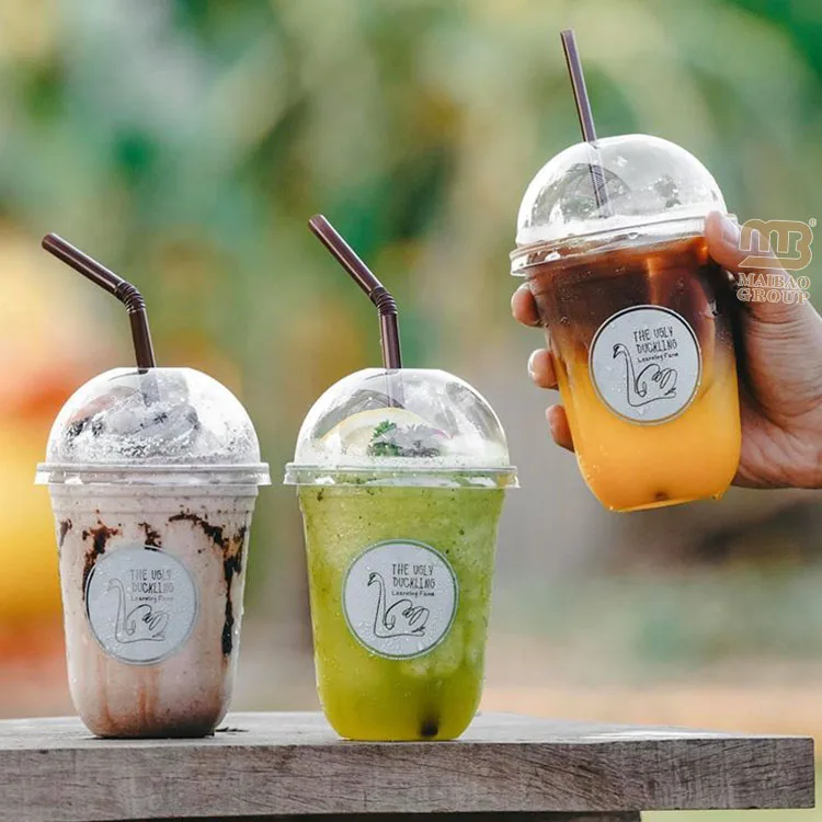 Биоразлагаемая прозрачная чашка для смузи для холодных напитков Pet Pla с куполообразными крышками Экологически чистые многоразовые пластиковые стаканчики с логотипом на 24 унции с крышками