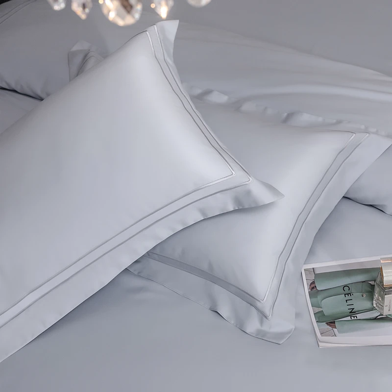 Ультра мягкий шелковистый роскошный комплект постельного белья из 100% длинноволокнистого хлопка 600TC, пододеяльник с вышивкой, белый/светло-серый комплект постельного белья для отеля