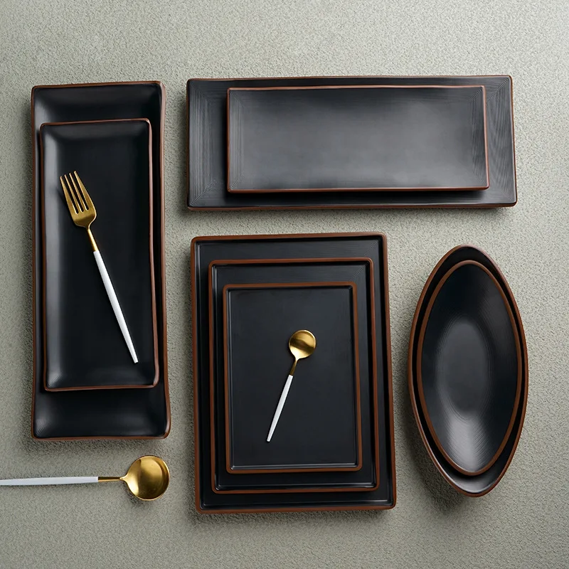 Меламиновый сервиз с коричневой каймой, оптовая продажа, элегантная черная матовая маленькая тарелка, квадратная тарелка, небьющаяся посуда, фуршетные тарелки