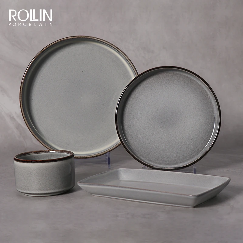 Серая цветная лента Посуда под глазурованной обеденной тарелкой 10,5 дюймов Chaozhou Керамическая тарелка Ресторанная посуда Посуда