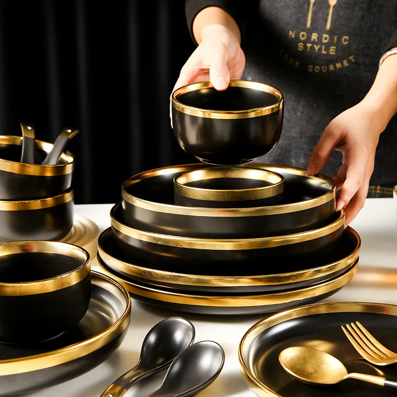 Luxury Gold Rim Porcelain Dinnerware Set Black Green Tableware with Ceramic Soup Bowls and Plates for Wedding Gifts