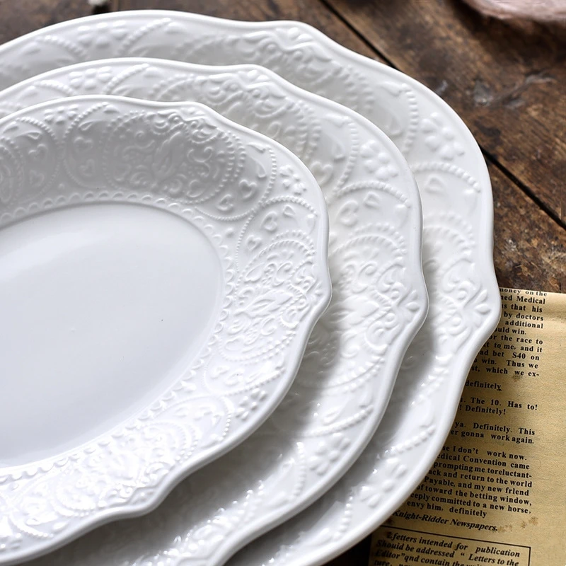 Classic White Ceramic Dining Plate Vintage Nordic Style Ins Tableware Lace Home Western Food Steak Plate Solid Color Glass