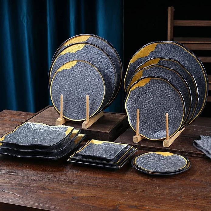 Набор посуды из меламина без BPA, декоративные тарелки для повседневного питания и предприятий общественного питания, черно-желтая посуда, посуда