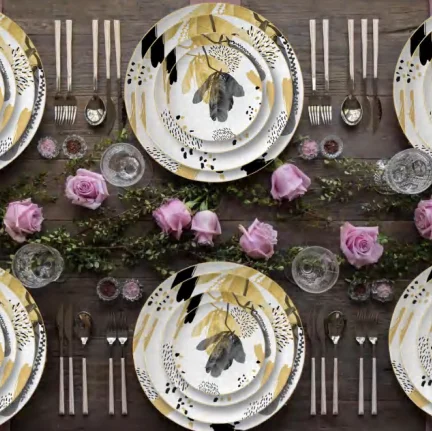 Новый дизайн, Китай, оптовая продажа керамической посуды, набор костяного фарфора, тонкие костяные фарфоровые тарелки, набор тарелок с золотой оправой