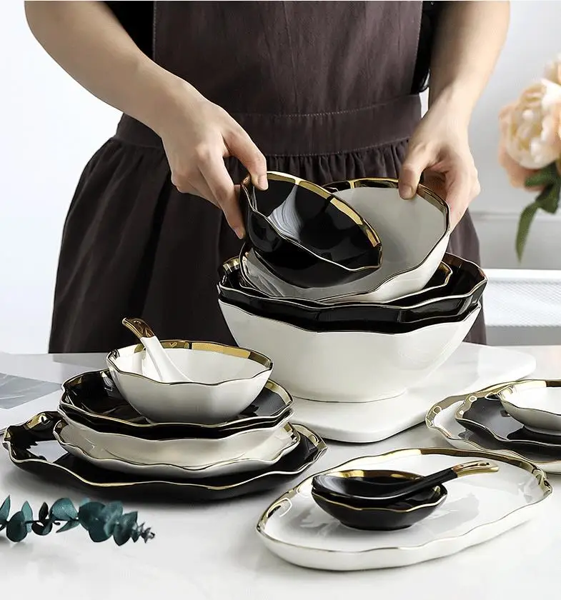 Golden Edge Factory Direct Wholesale Modern Chic Smooth Ceramic Reusable Dinner Table Set