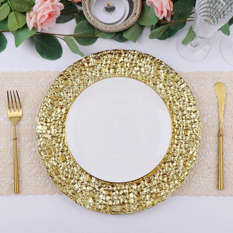Оптовая торговля посудой стеклянные золотые и серебряные обеденные тарелки дешевое декоративное зарядное устройство для свадьбы