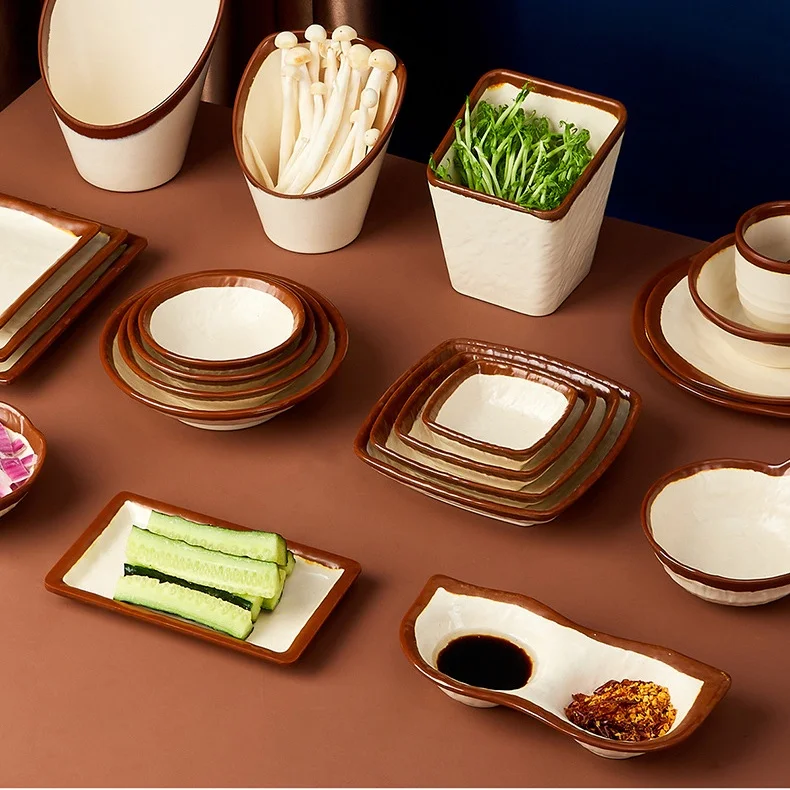 Прочные бежевые меламиновые тарелки с квадратным и круглым обеденным набором с коричневым краем для оптовой продажи меламиновой посуды