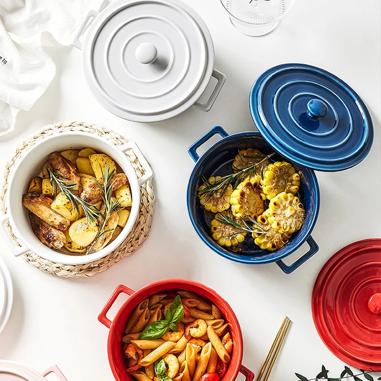 Оптовая продажа, фарфоровая миска, керамические сервировочные миски с крышкой, рисовый салат, лапша, макароны, миска для выпечки с ручками, набор столовой посуды