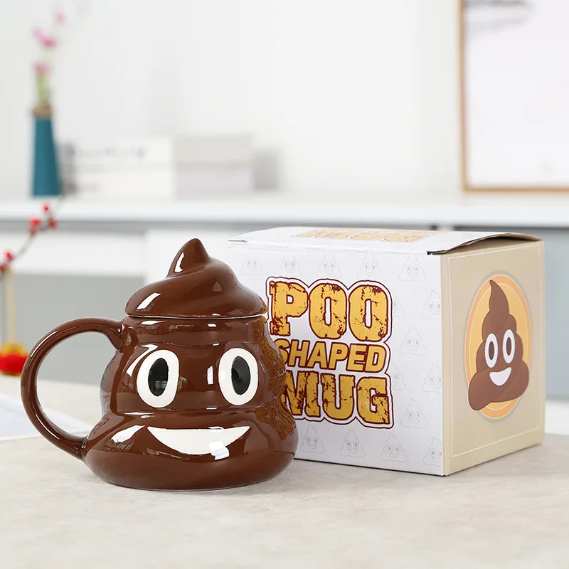Hot Selling 3D Cartoon Ceramic Mug Funny Creative Poo Shaped Coffee Cup With Lid