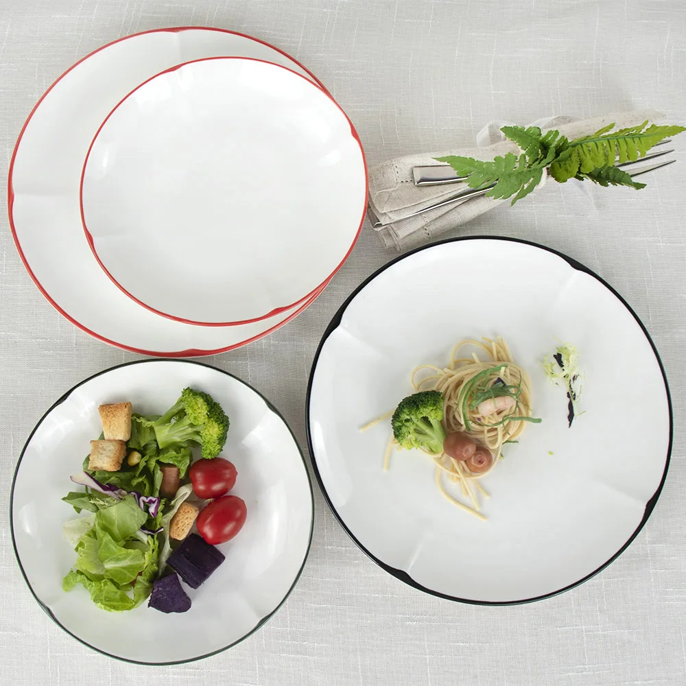 Керамическая посуда для ресторана, новый дизайн, тарелки для столовой посуды с черной оправой, белая круглая фарфоровая керамическая тарелка для кейтеринга