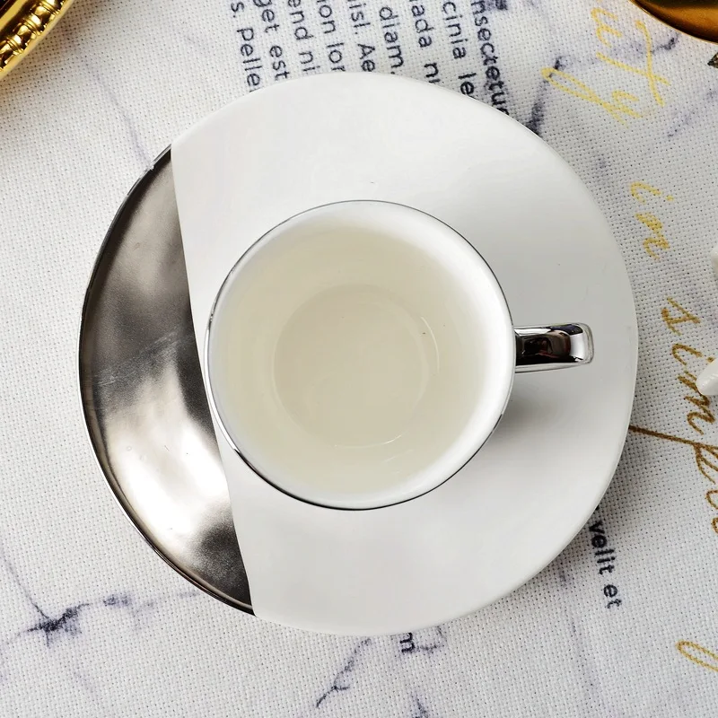 Modern European Design Silver Plated White Ceramic Tea Cups & Saucers Set Popular Afternoon Tea & Coffee Plate Design